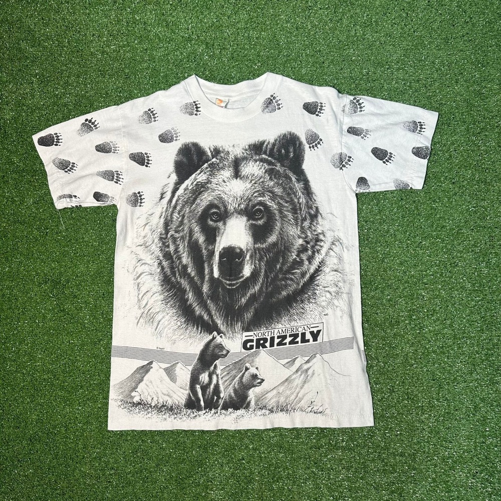 Vintage 90s‎ AOP Bear North American Grizzly Bear T-Shirt Single Stitch Large